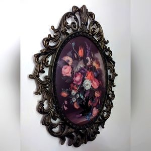 Vintage Brass Oval Ornate Flowers Picture Frames W/Original Hook Made In Italy